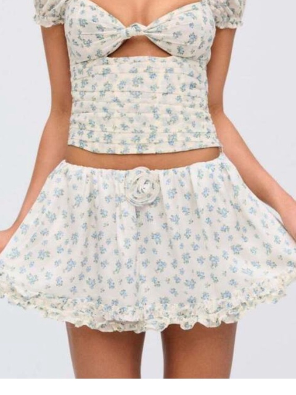 NWT For Love and Lemons Ivory and Blue Floral Ruffle Low-Rise Mini Skirt- XL